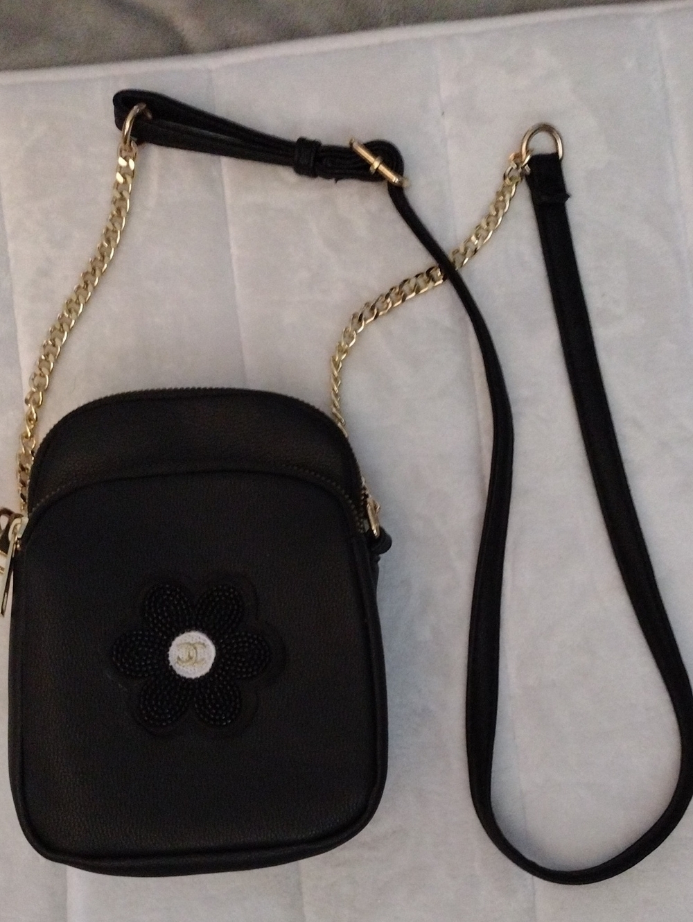 Black Floral Appliqué Crossbody Bag with Gold Chain Strap